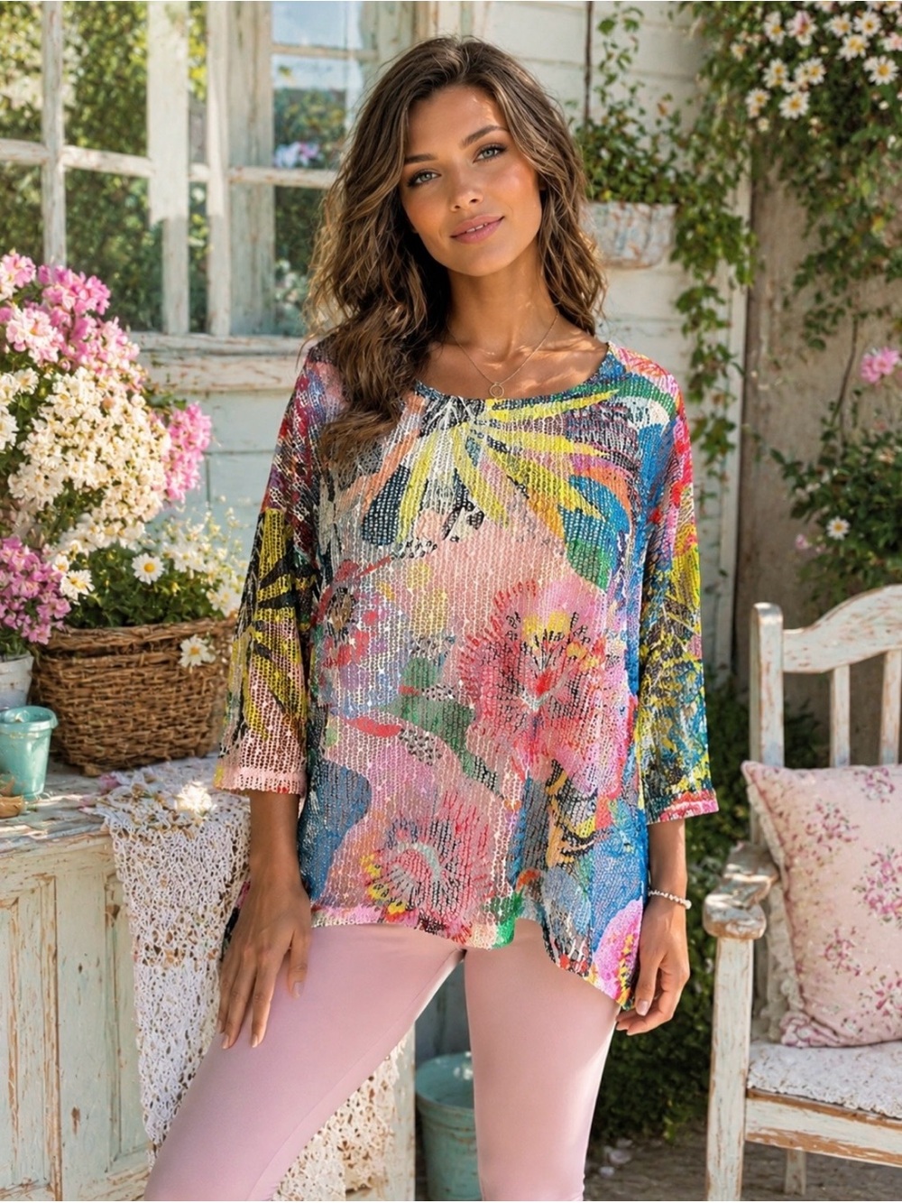 ClothesHead libed woven pastel colors floral design top with sequins